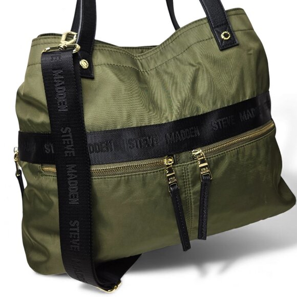 Steve Madden Gym Bag Women Nylon Gold Trim Olive Green Chunky Zip Shoulder Strap - Picture 2 of 12